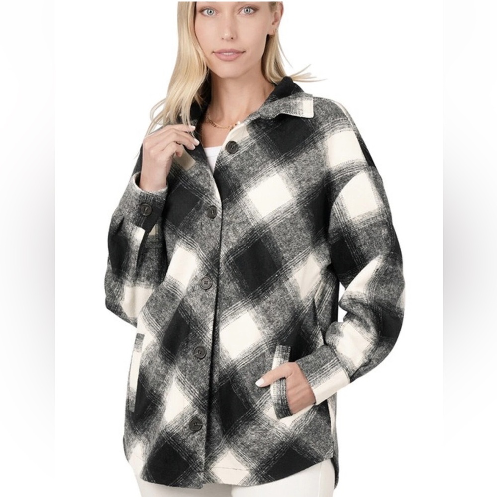 Zenana Women Plaid Button Down Shacket Jacket oversized Checkered Long Sleeve S